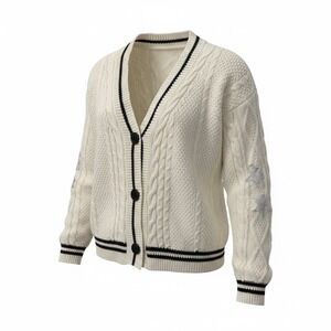 Cream/Black Cable Knit Star Cardigan Sweater Women XS Fisherman‎ Chunky Oversize